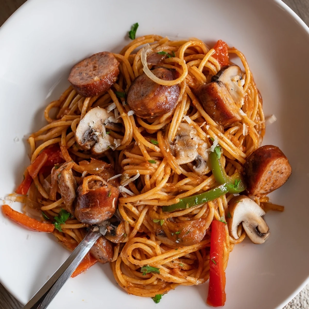 Spaghetti Napolitan recipe plated beside a simple salad, steam rising.
