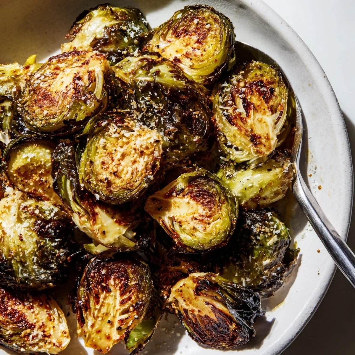 Plate of Crispy Air Fryer Brussels Sprouts showing golden-brown edges and Parmesan.