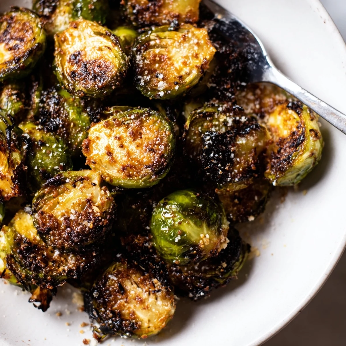 Crispy Air Fryer Brussels Sprouts, garlicky aroma, charred tips and lemon drizzle.