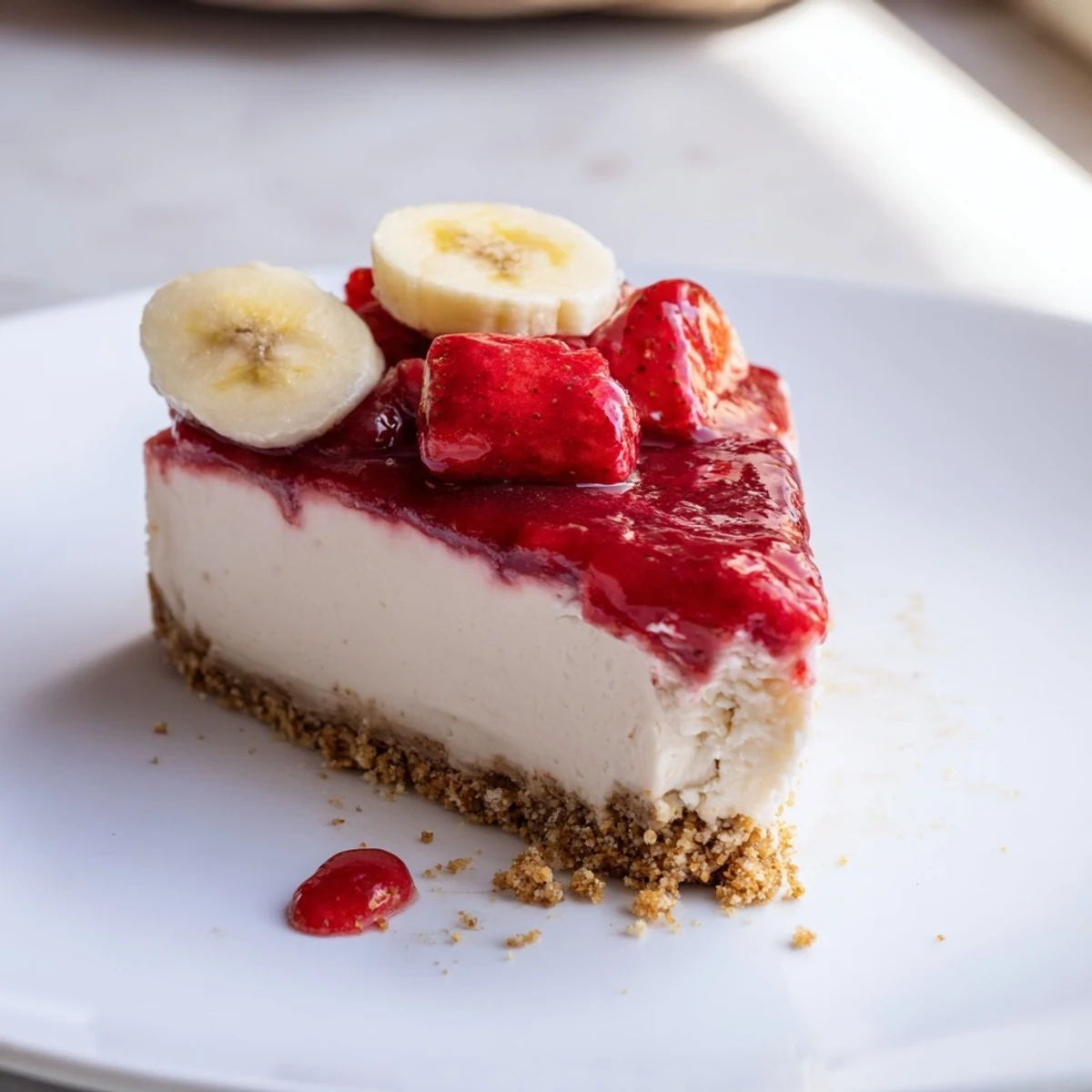 Banana Strawberry Cheesecake topped with glossy sliced strawberries, chilled and ready  