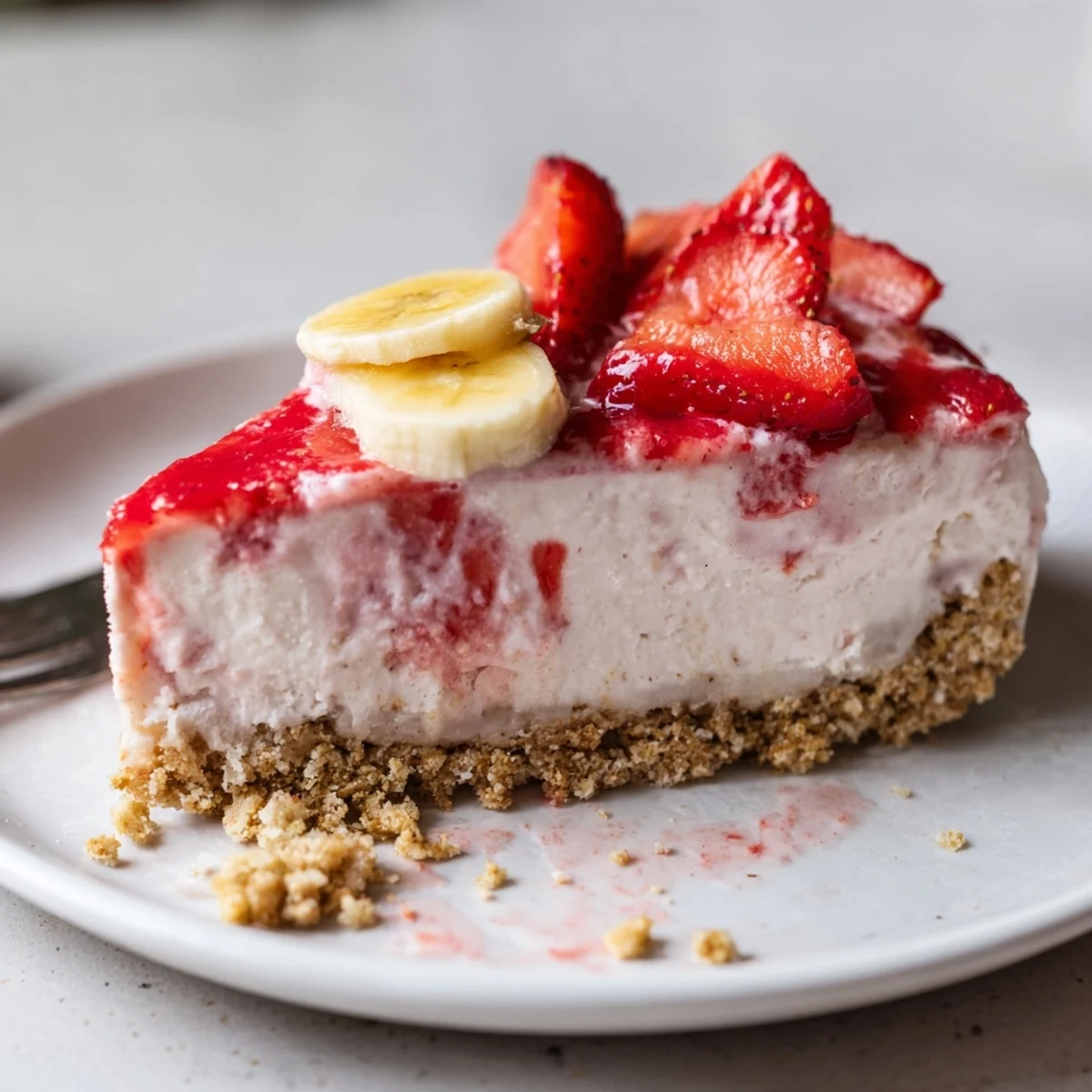 A creamy Banana Strawberry Cheesecake with mashed banana swirls and buttery crust  