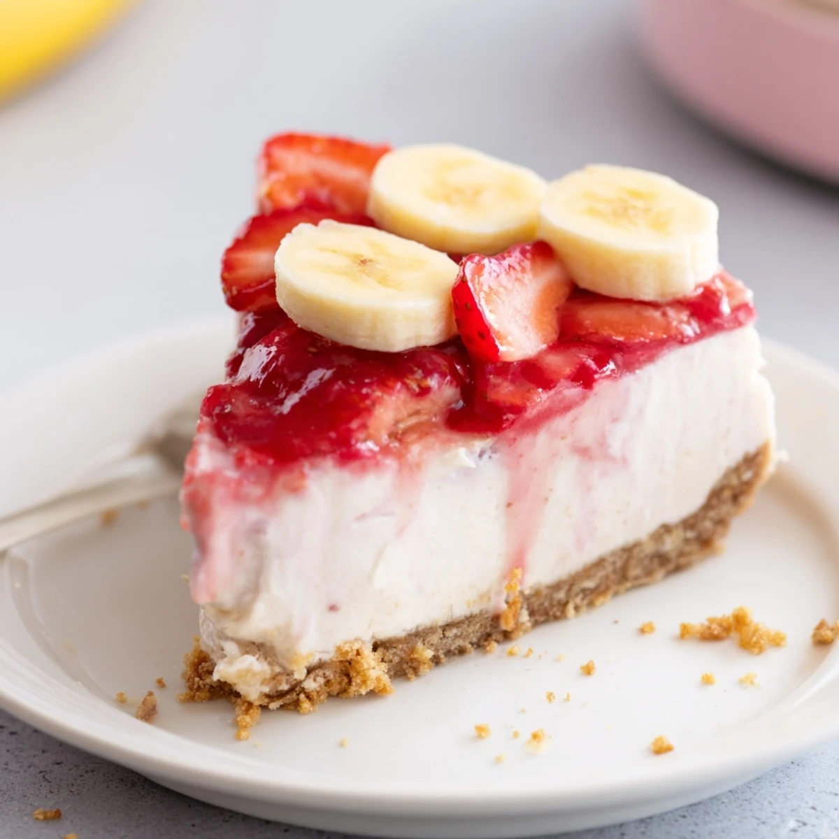 Slice of Banana Strawberry Cheesecake on plate, garnished with fresh berries
