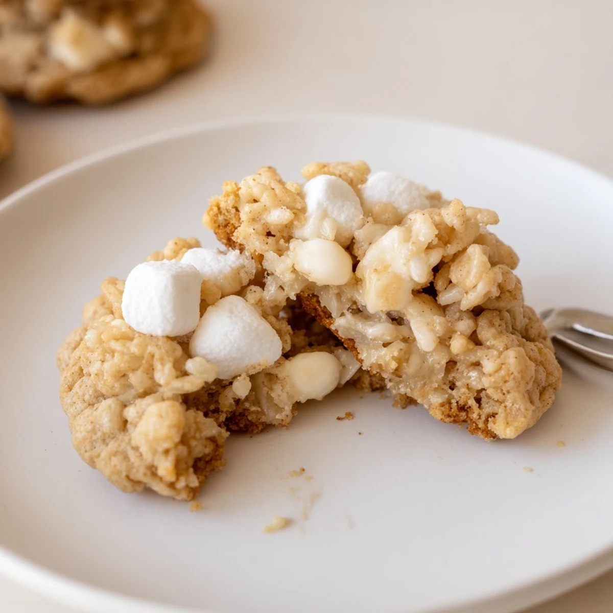 Warm Rice Krispie Treat Cookies with gooey marshmallows, golden edges on parchment.  