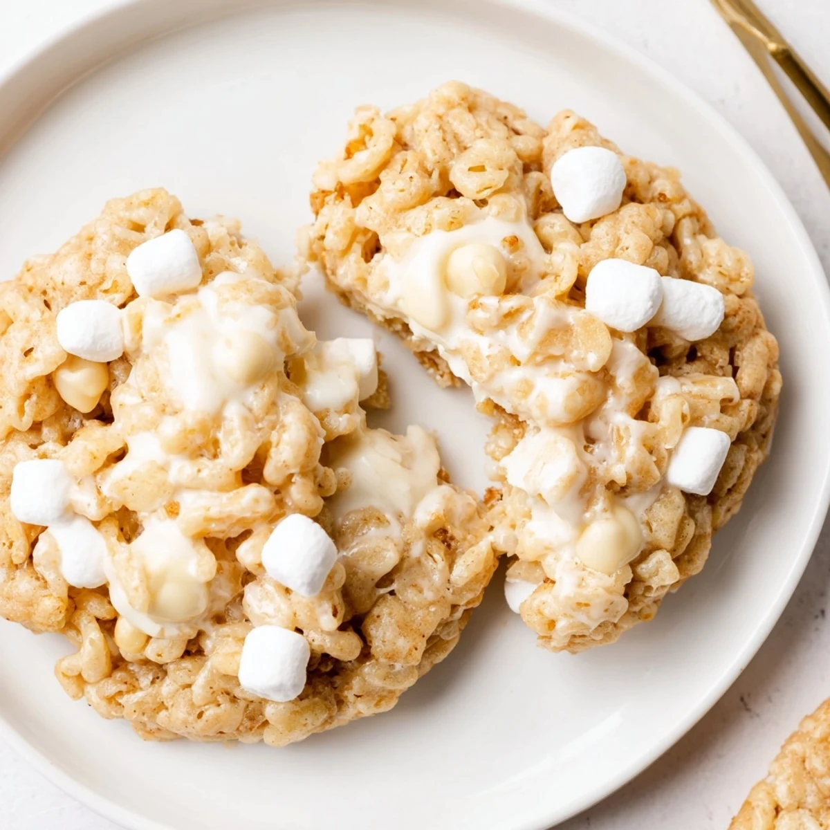 Chewy Rice Krispie Treat Cookies studded with white chocolate chips, served with milk.  