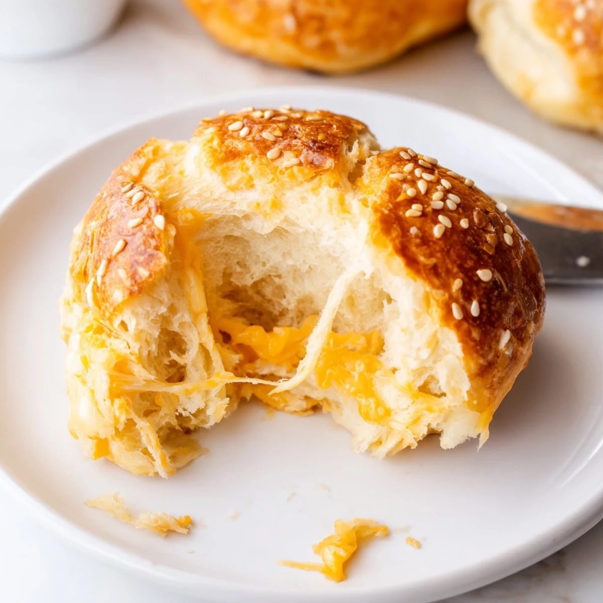 Golden, warm Cheddar Cheese Buns recipe with bubbling sharp cheese, sesame topping.