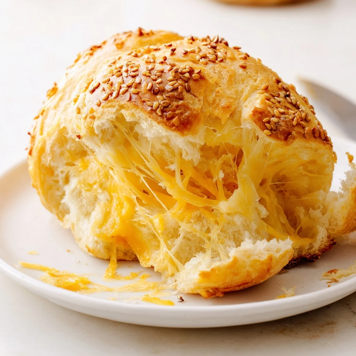Close-up of baked Cheddar Cheese Buns resting on parchment, savory aroma implied.