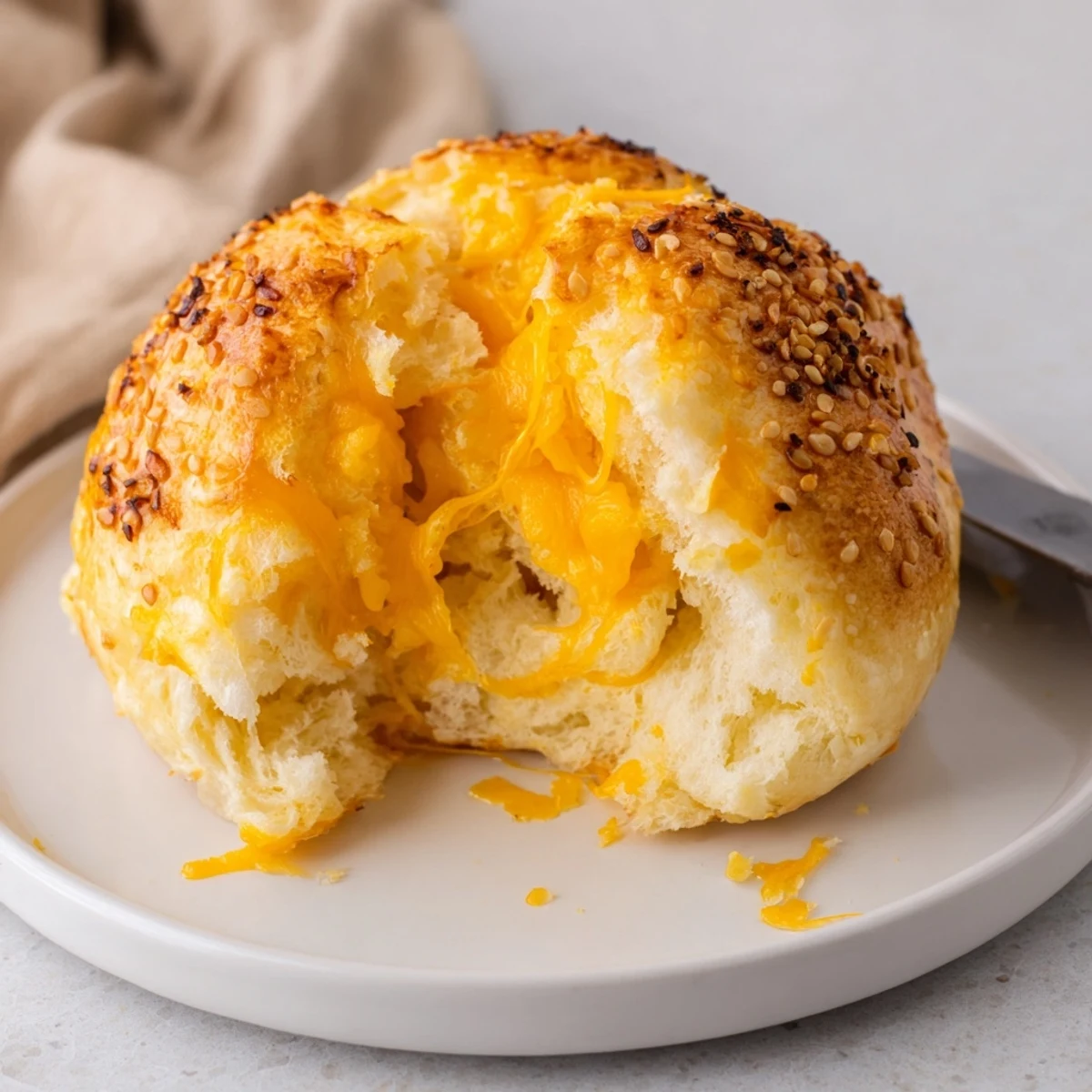 Soft, fluffy Cheddar Cheese Buns showing gooey centers, perfect for sandwiches.