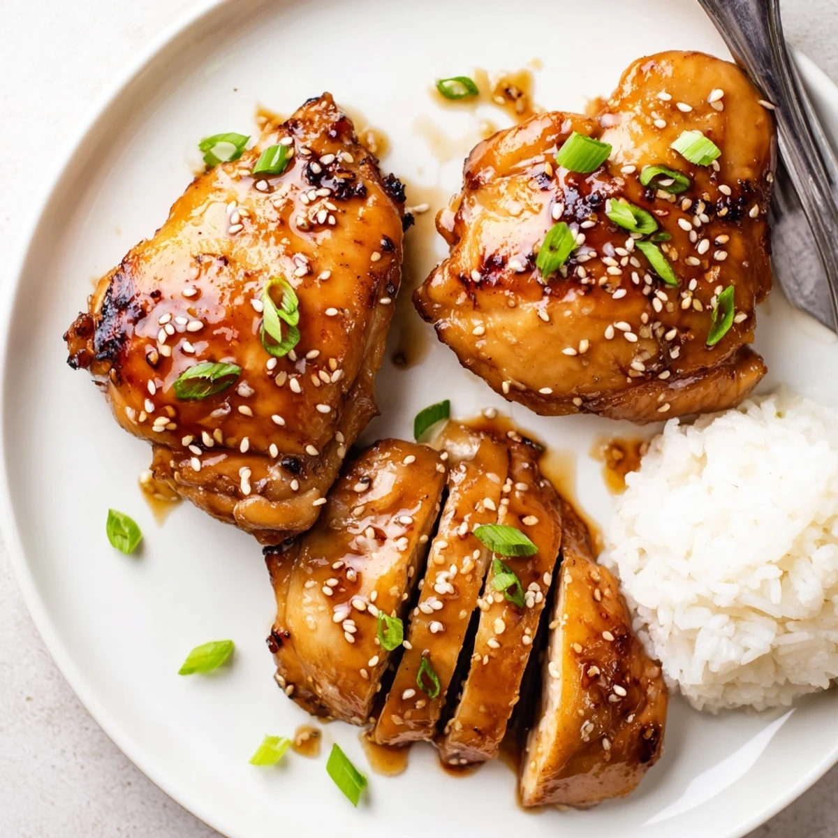 Spicy Maple Soy Chicken glazed and caramelized, steaming over rice with sesame seeds