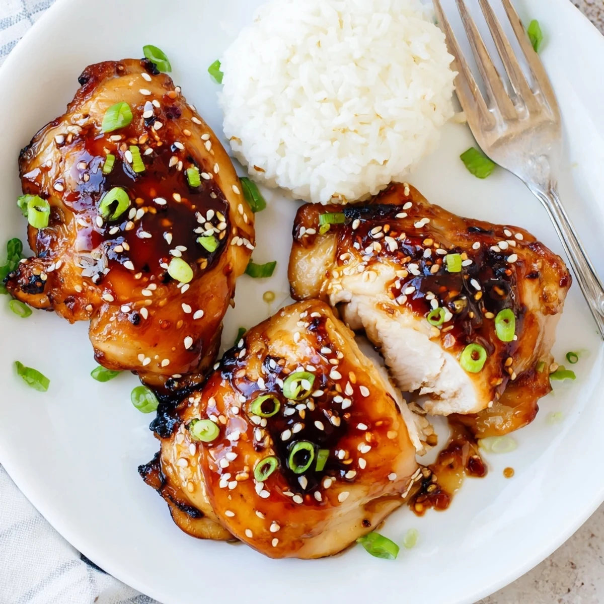 Crisp-topped Spicy Maple Soy Chicken resting on quinoa, garnished with sliced green onions