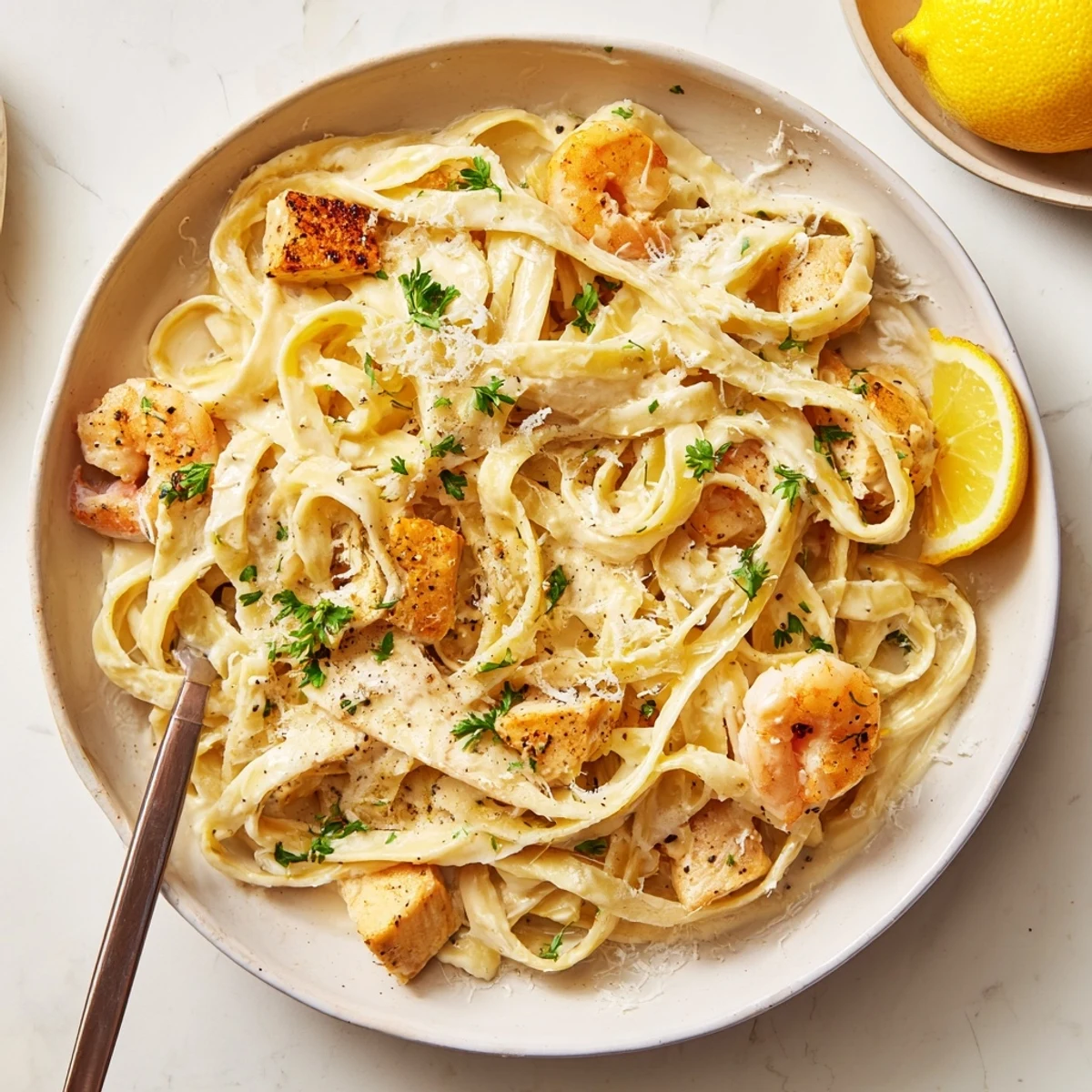Creamy Lemon Garlic Shrimp Chicken Alfredo piled on fettuccine, creamy sauce glistening.