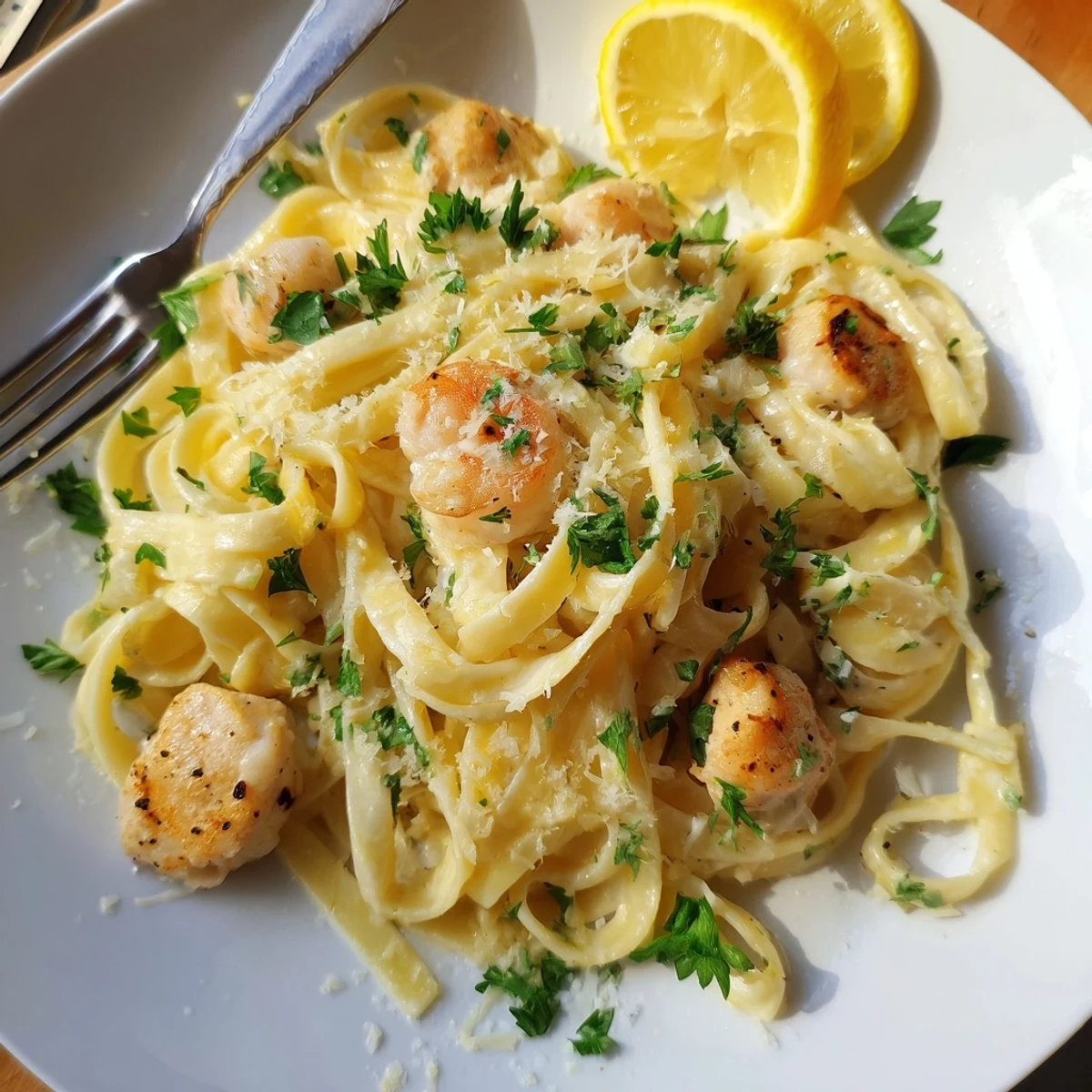 Skillet ready Creamy Lemon Garlic Shrimp Chicken Alfredo topped with parsley and Parmesan.
