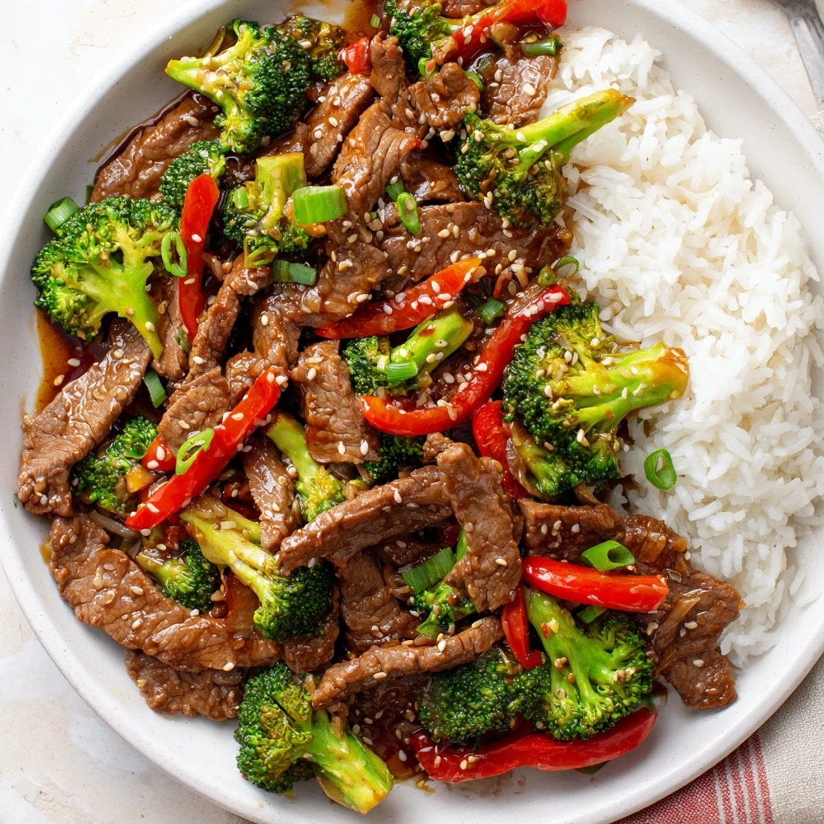 Serve Beef And Broccoli Stir Fry over steamed rice, garnished with scallions.