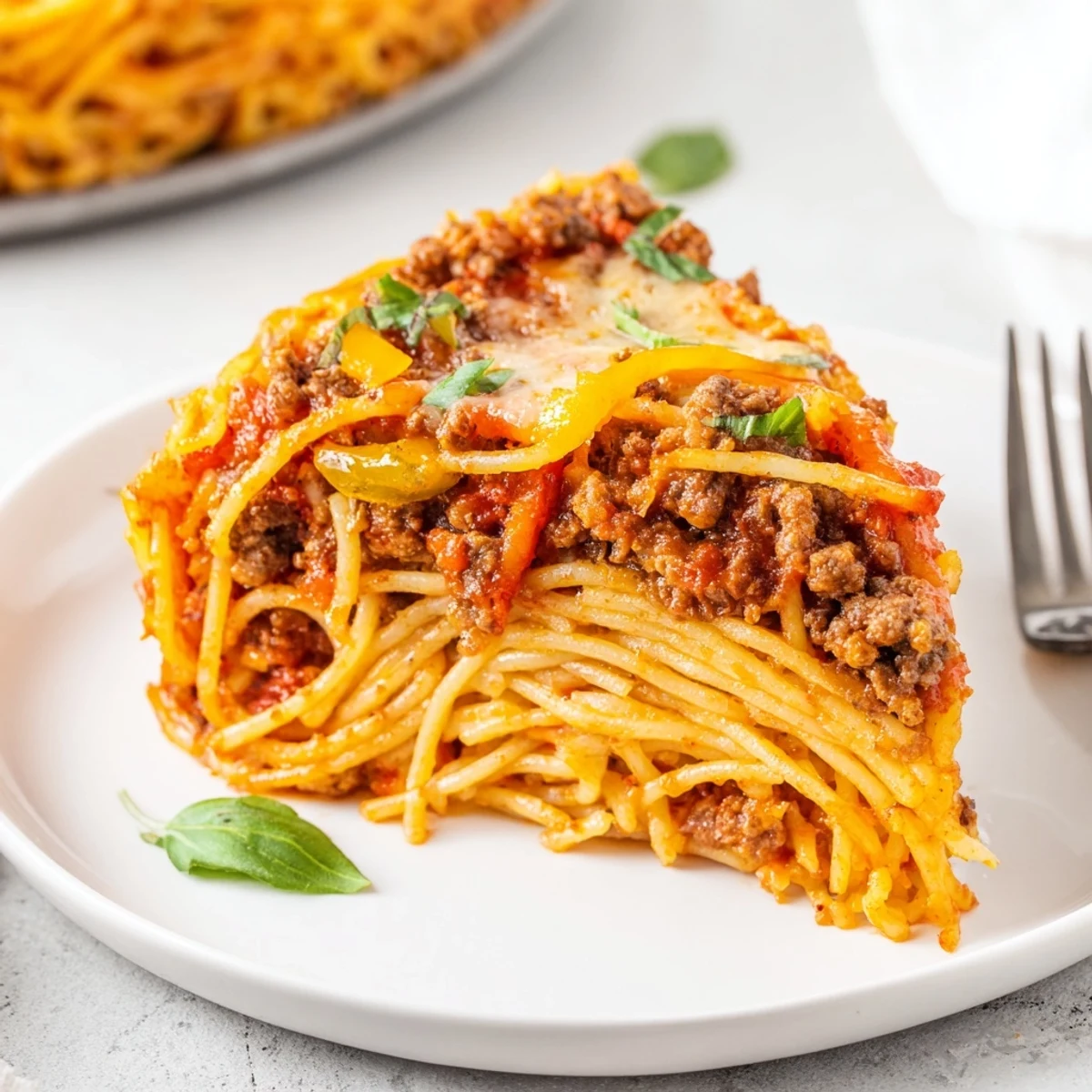 Spicy Spaghetti Pie fresh from the oven, bubbling cheese and basil garnish  
