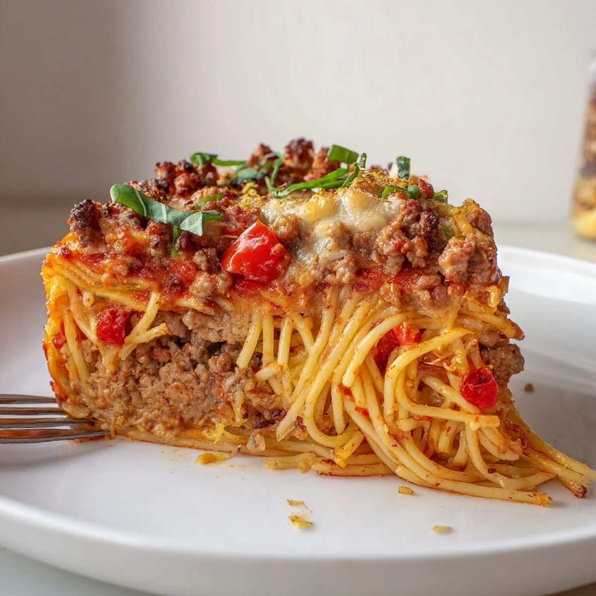 Slice of Spicy Spaghetti Pie showing golden crust and melted mozzarella strands  