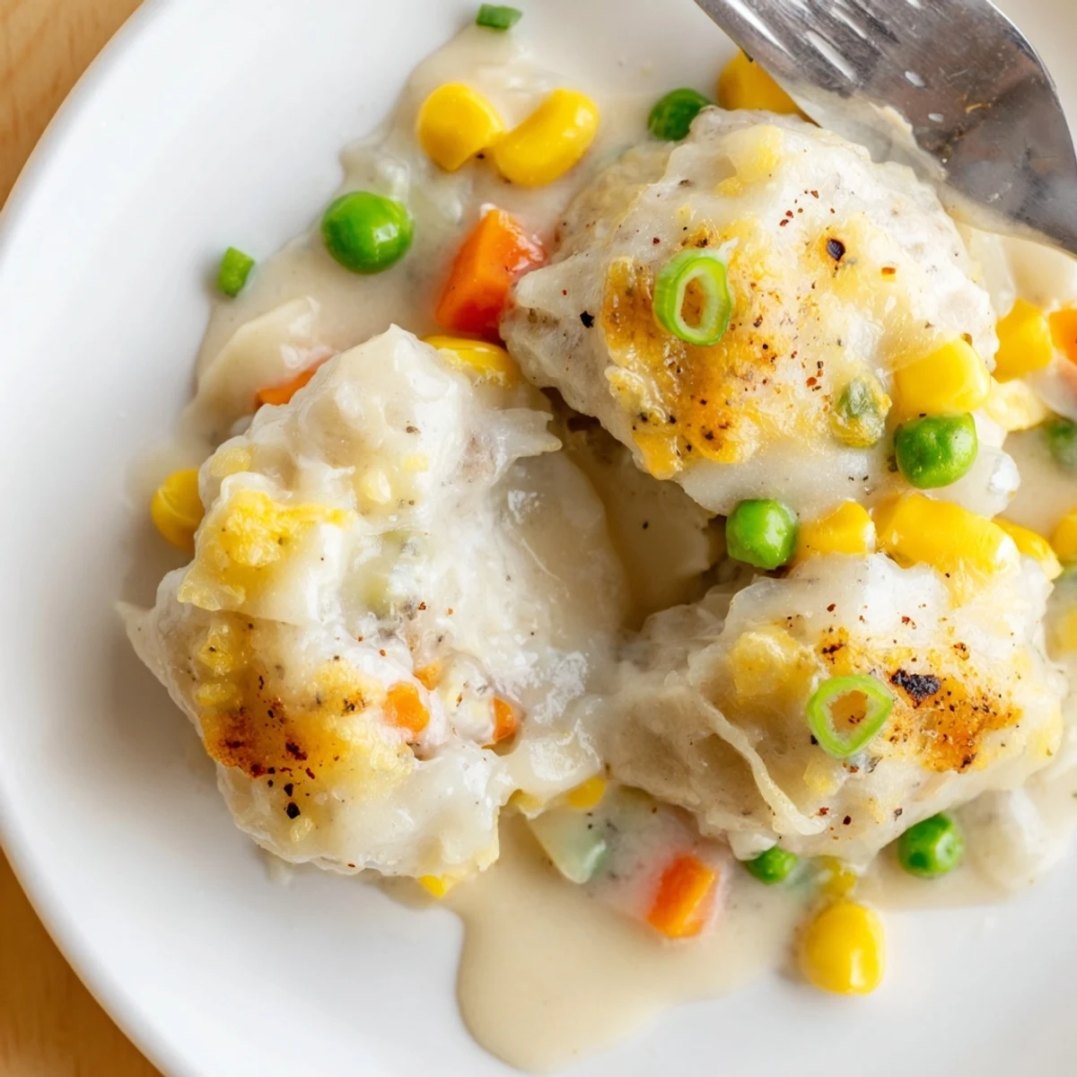 Bubbly golden casserole featuring Trader Joe’s Soup Dumpling Bake, scallions and melted cheese.