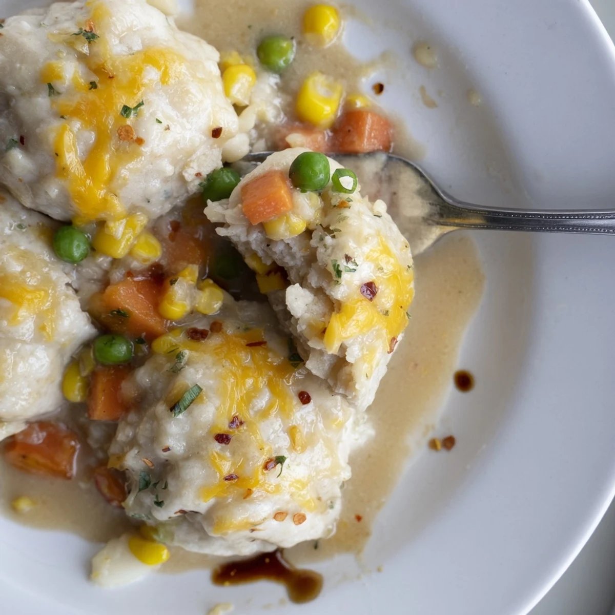 Warm Trader Joe’s Soup Dumpling Bake fresh from the oven, savory vegetables visible.