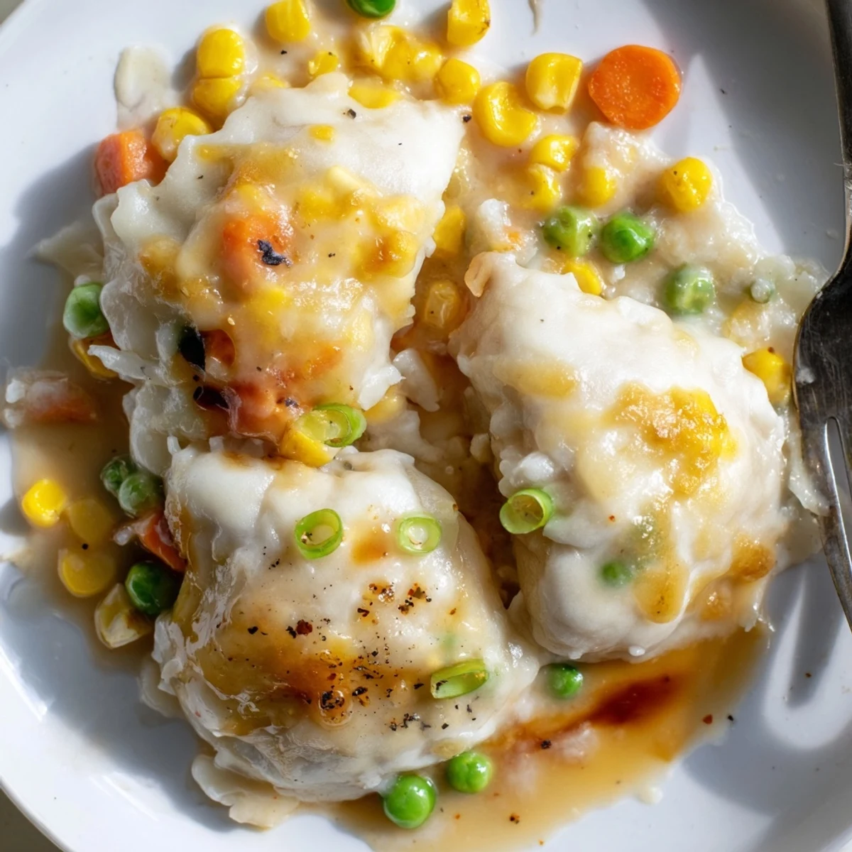 Comforting Trader Joe’s Soup Dumpling Bake with melted cheddar, steam rising, served alongside salad.