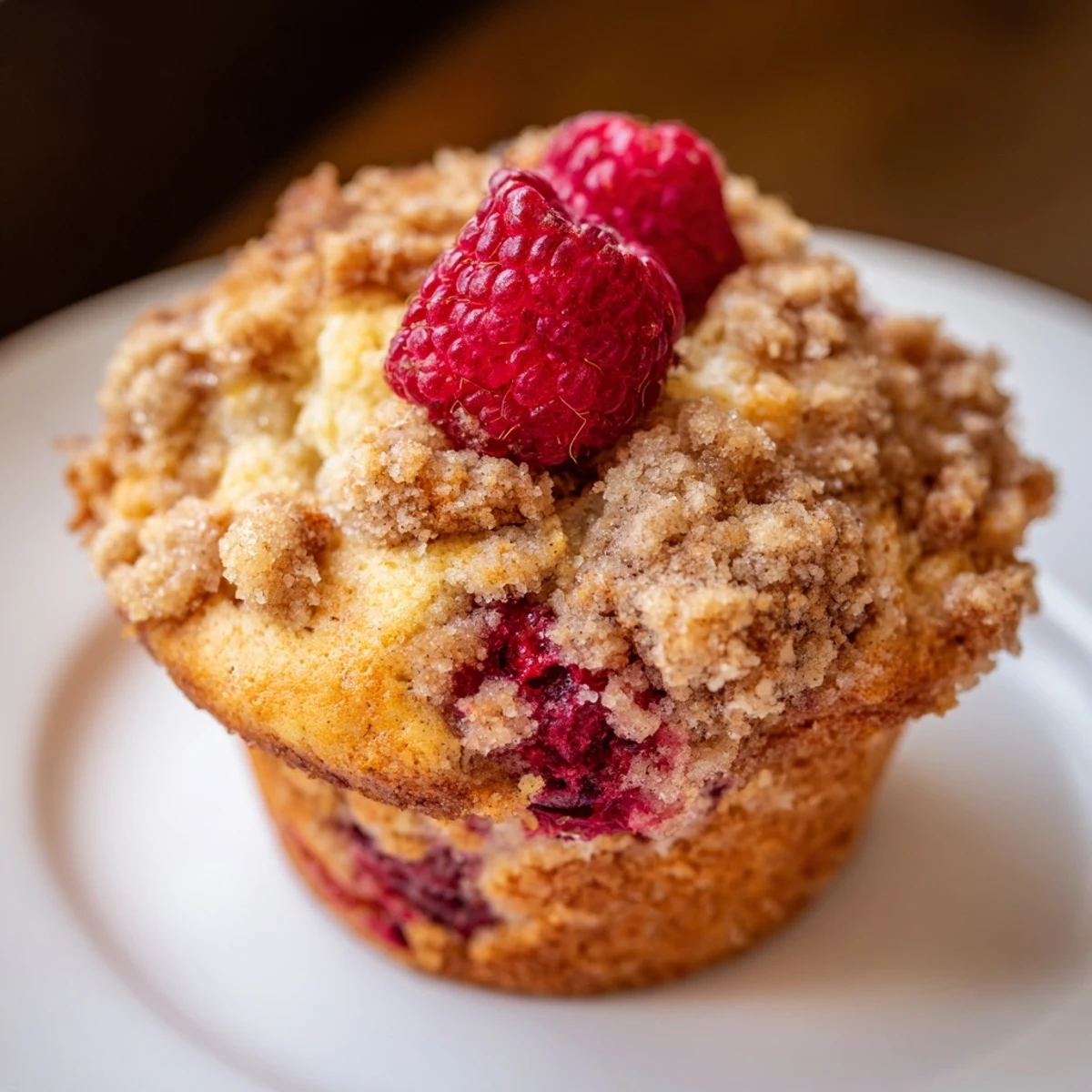 Raspberry Streusel Muffins with golden crumb topping, steaming on a wire rack