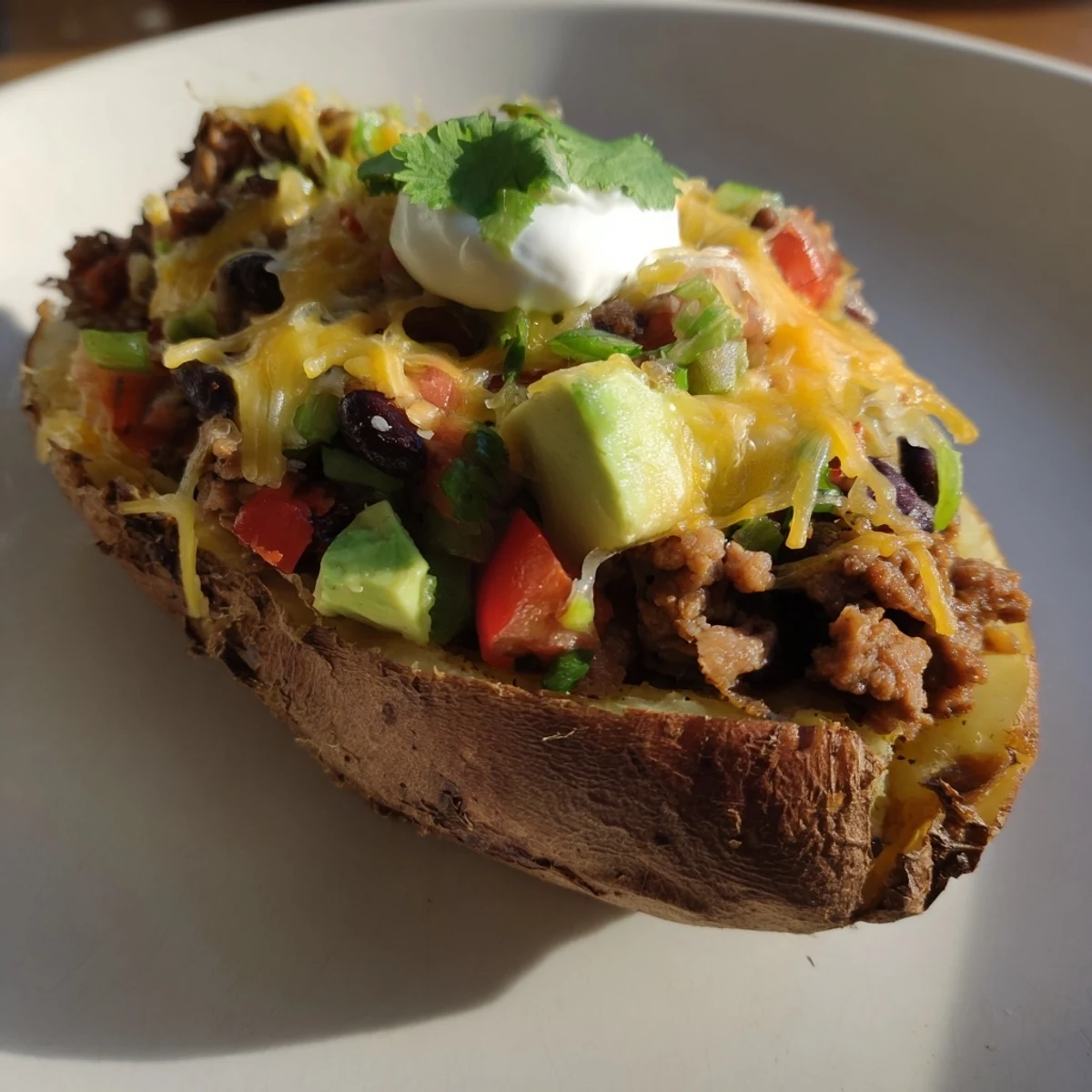 Tender baked sweet potato stuffed with spiced ground beef, black beans, tomatoes, avocado, and zesty cilantro