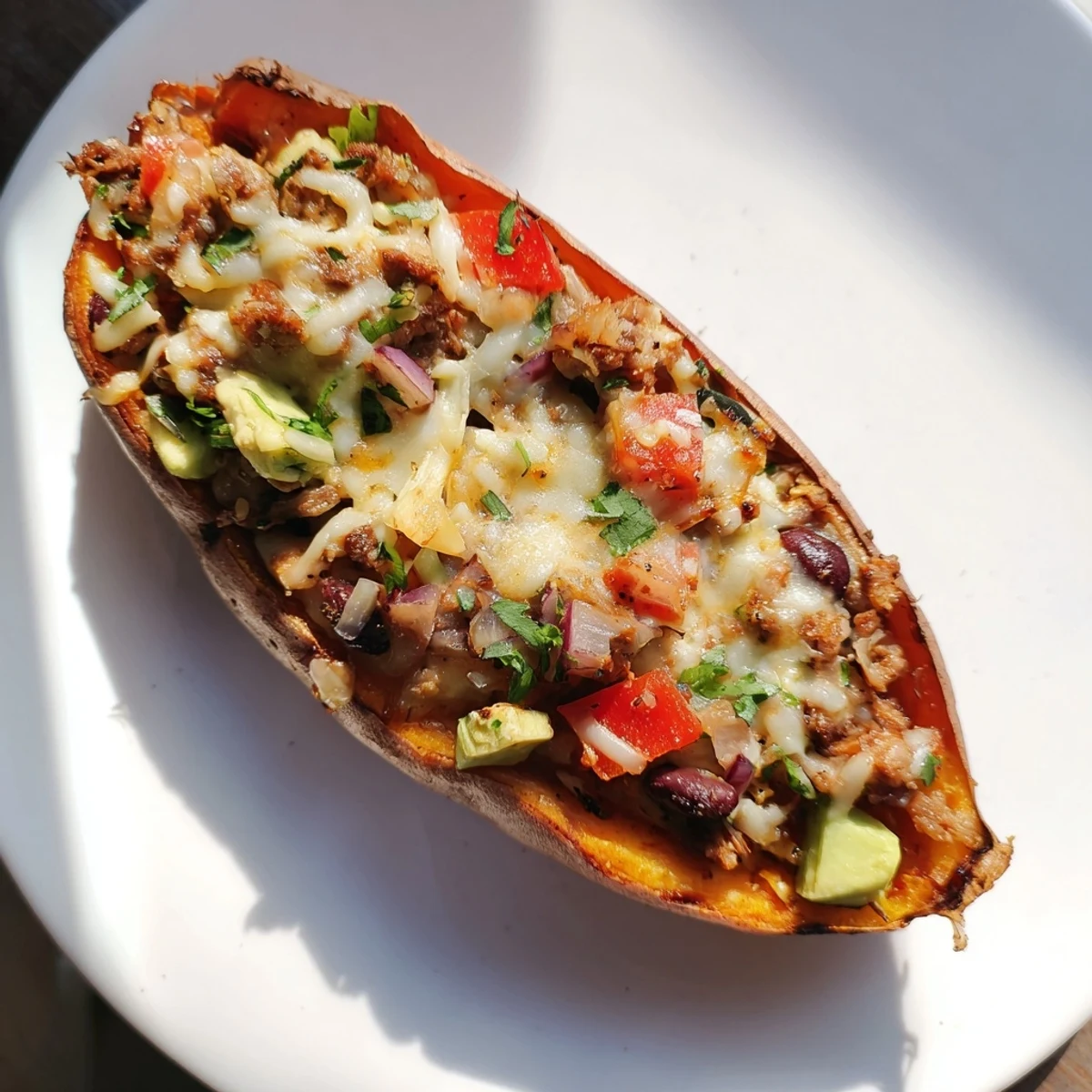 Golden roasted sweet potato halves piled high with seasoned taco meat, melted cheddar, and colorful fresh toppings