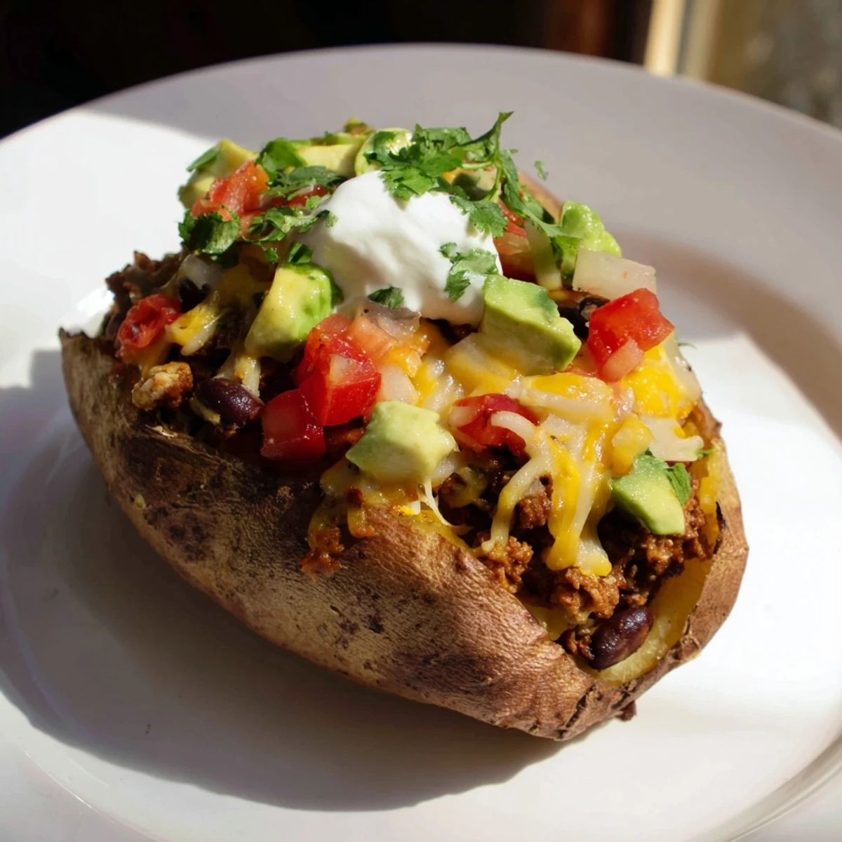 Split baked sweet potato loaded with Tex-Mex taco filling, gooey cheese, sour cream, and diced vegetables
