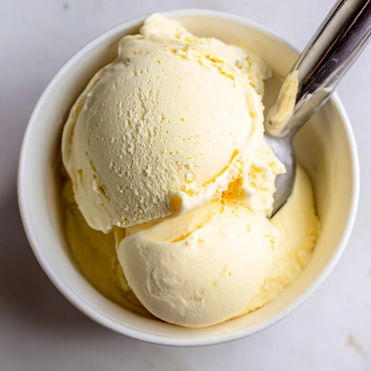 Smooth frozen custard style vanilla ice cream served in a vintage ceramic dessert bowl