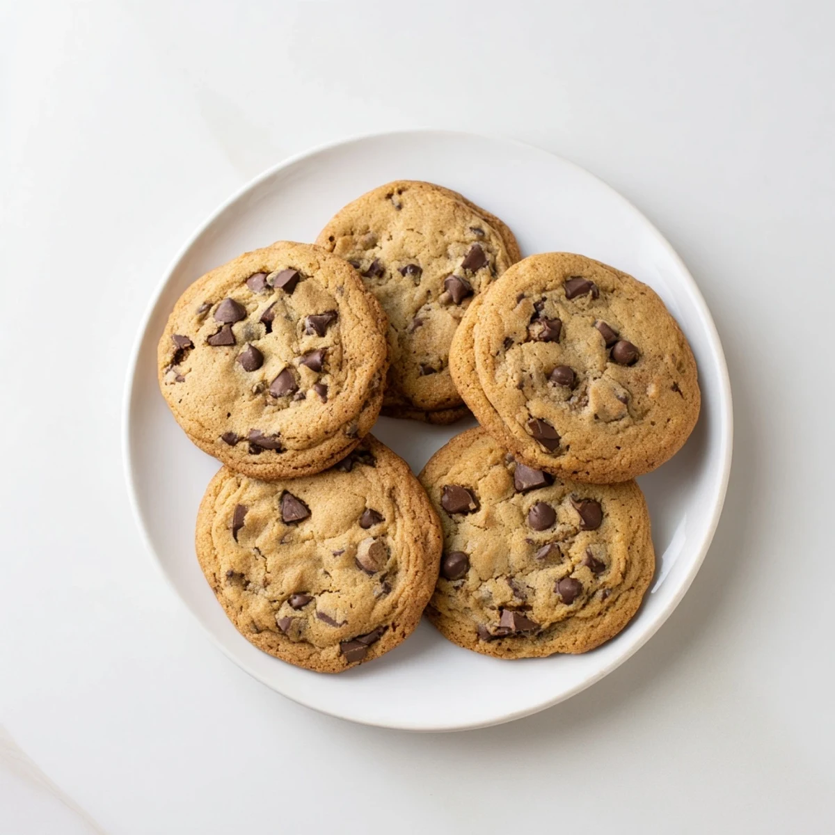 Soft baked chewy chocolate chip cookies stacked high with gooey chocolate centers visible