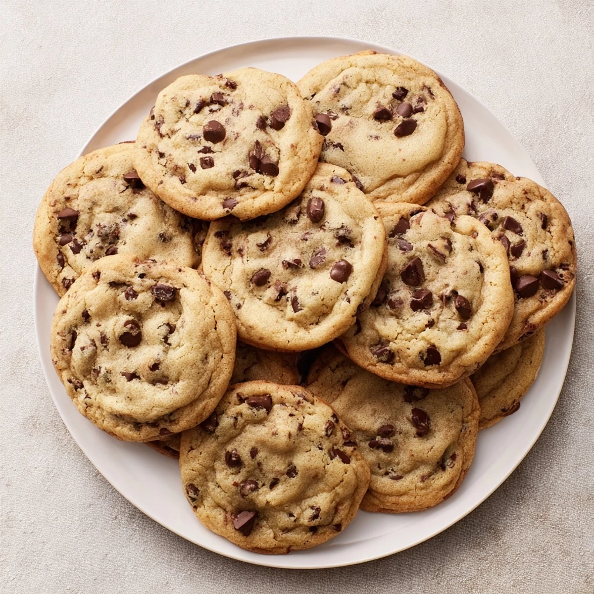 Freshly baked chewy chocolate chip cookies on a wooden board with sprinkled sea salt