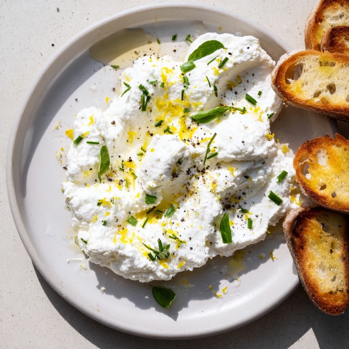 Creamy whipped ricotta spread topped with honey, fresh herbs, and cracked pepper served with toasted bread