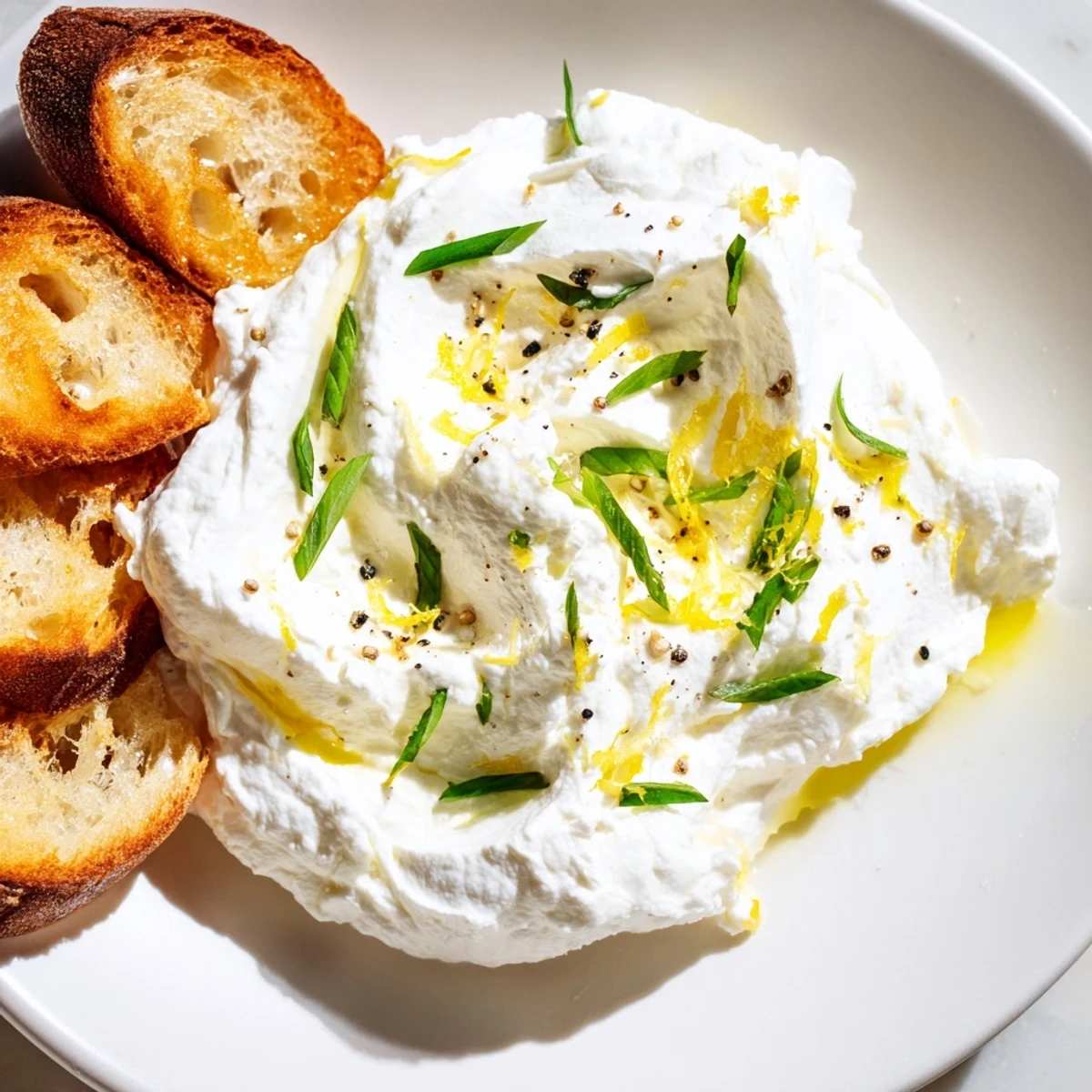 Smooth whipped ricotta appetizer garnished with flaky sea salt and basil on a rustic wooden board