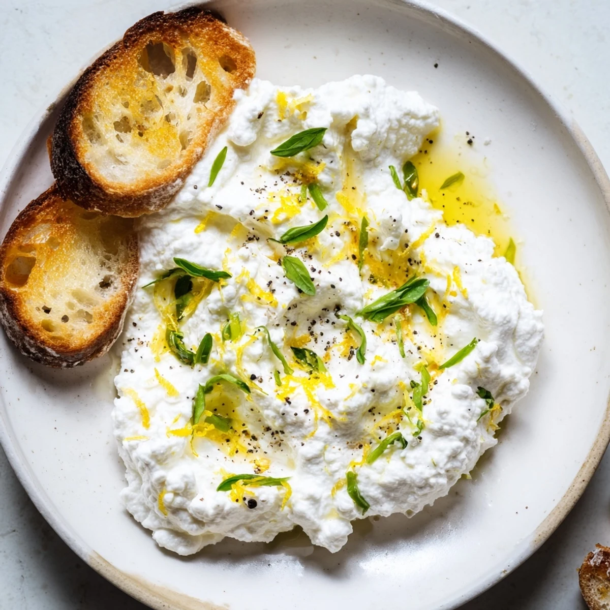 Light and fluffy whipped ricotta cheese drizzled with olive oil and lemon zest alongside crispy crostini
