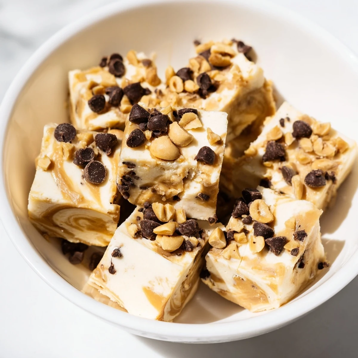 Golden brown peanut butter Greek yogurt bites topped with crushed peanuts on a marble surface