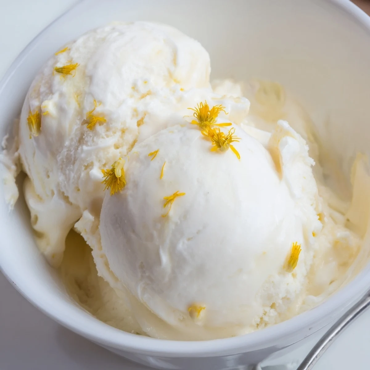 Golden scoop of dandelion honey ice cream garnished with fresh edible yellow dandelion petals