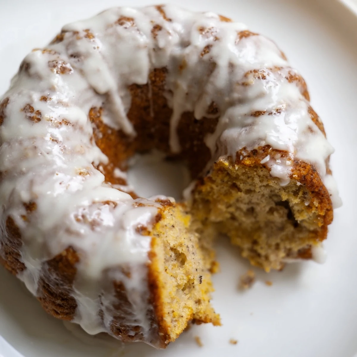 Golden glazed banana bread donuts topped with sweet white icing on a white plate
