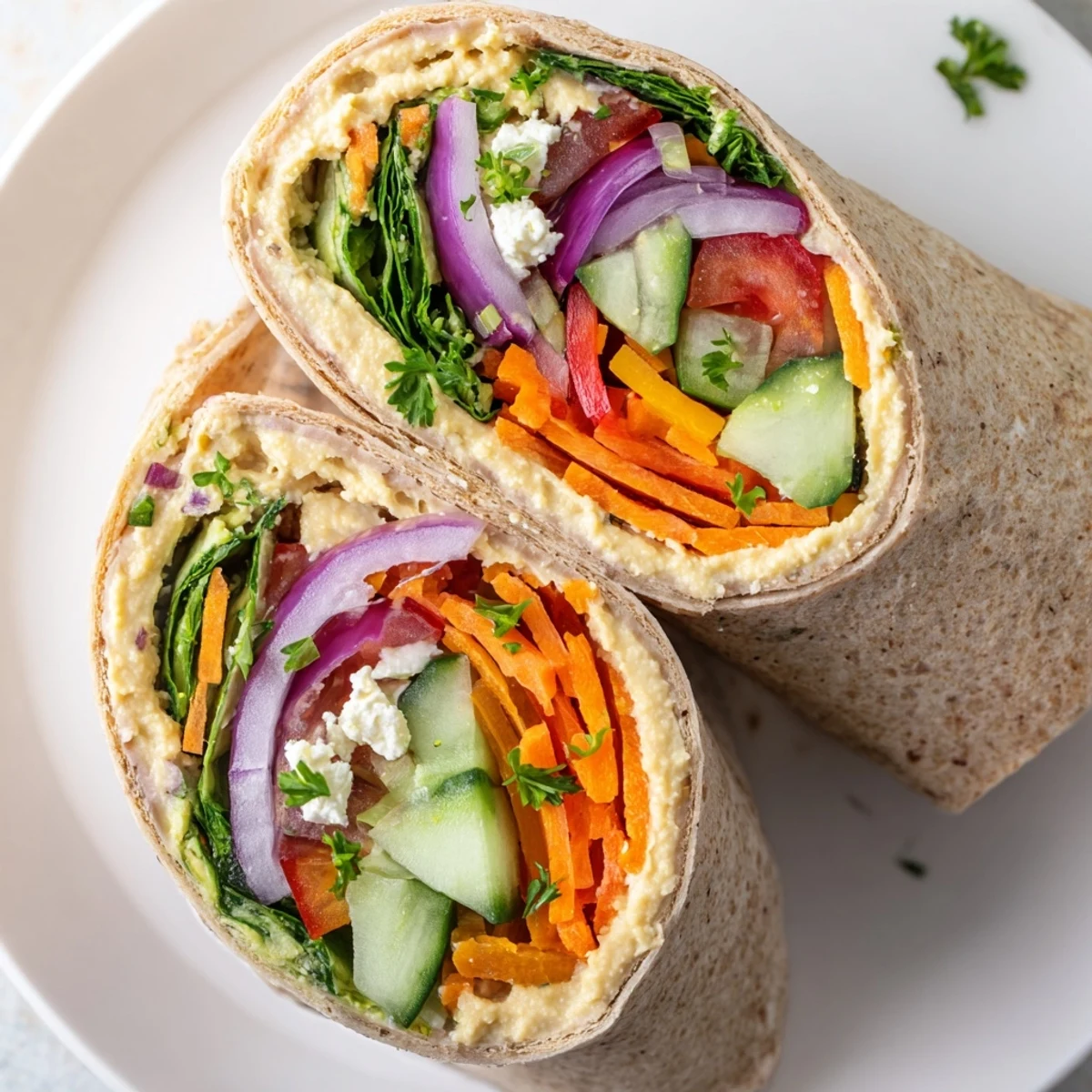 Fresh hummus veggie wrap sliced diagonally revealing layers of crisp colorful vegetables inside whole wheat tortilla