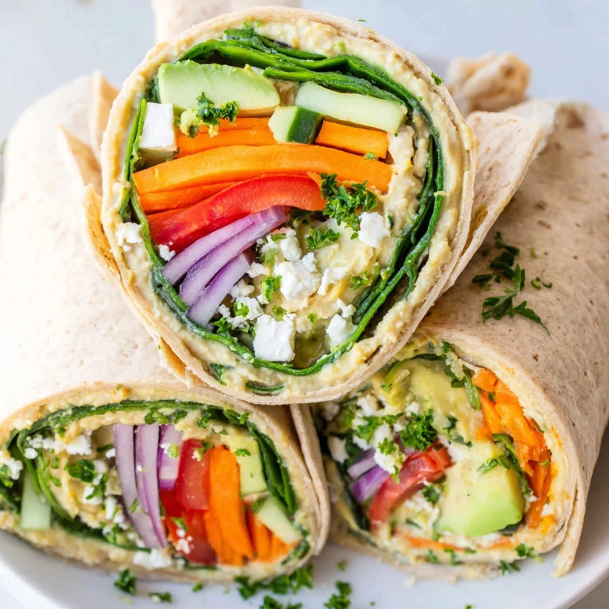Mediterranean-style hummus veggie wrap rolled tightly with baby spinach carrots cucumber bell pepper and red onion
