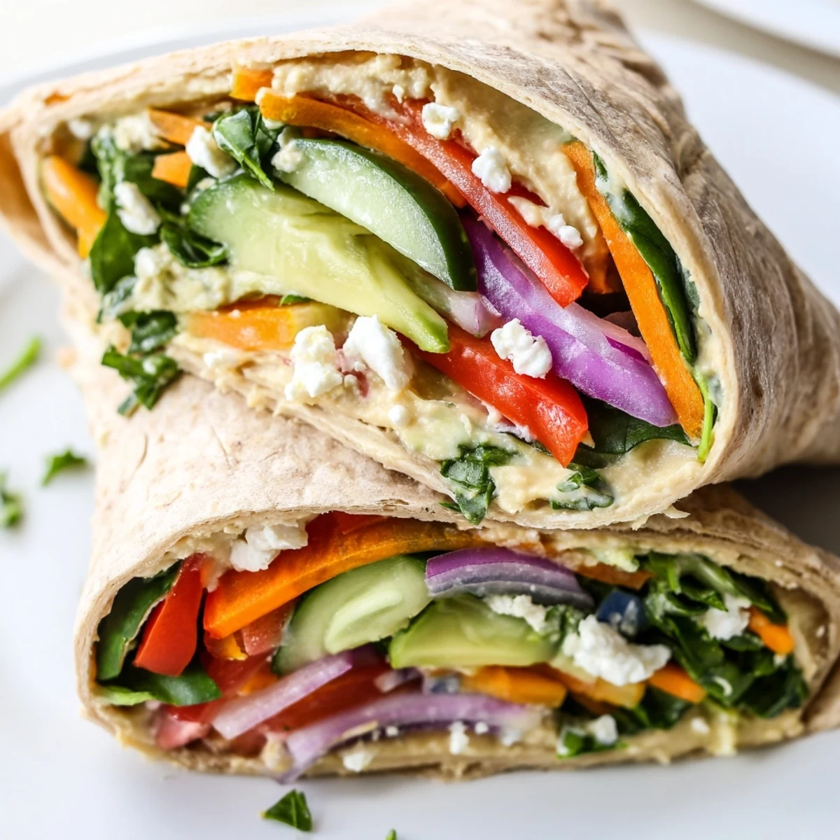 Healthy hummus veggie wrap with creamy spread and vibrant raw vegetables ready for quick nutritious lunch