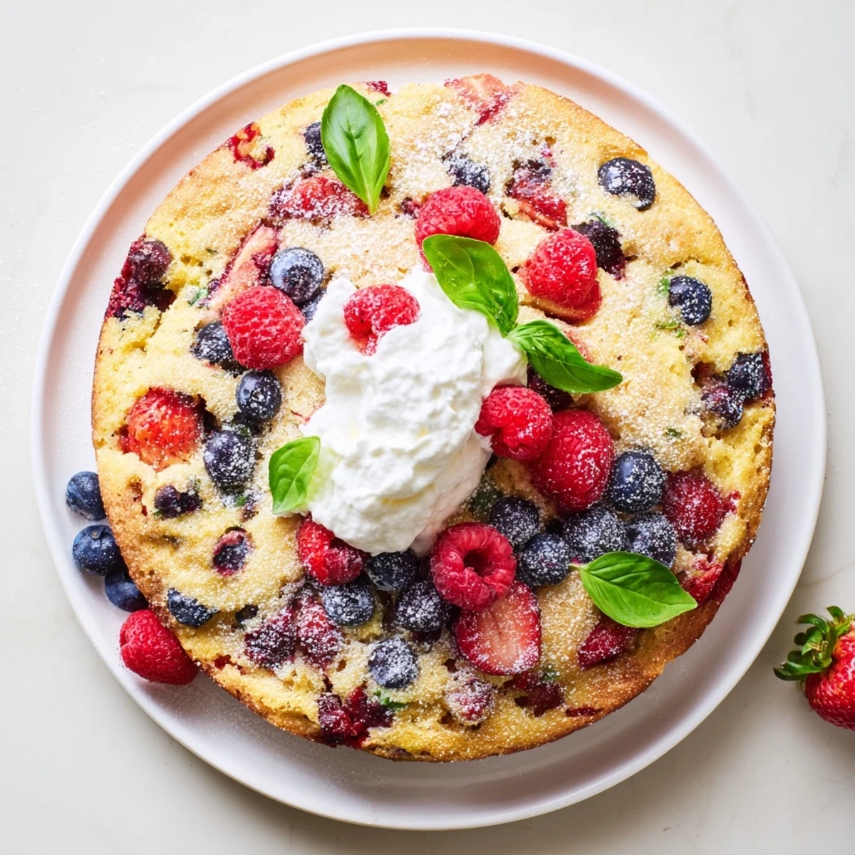 Golden basil berry cake topped with fresh mixed berries and basil garnish on a white plate