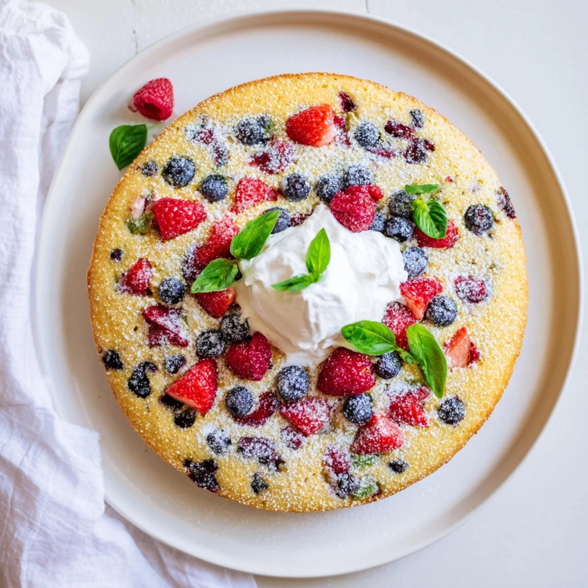 Slice of moist basil berry cake revealing purple berry swirls and green herb speckles throughout