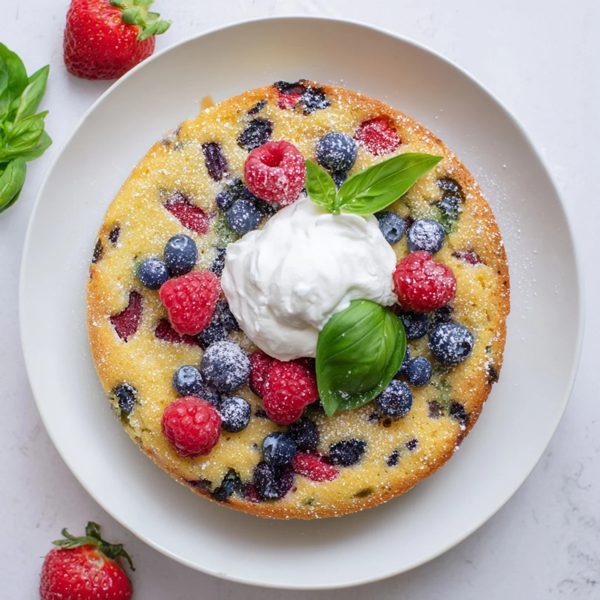 Whipped cream topped basil berry cake served with fresh strawberries and raspberries on rustic wooden board