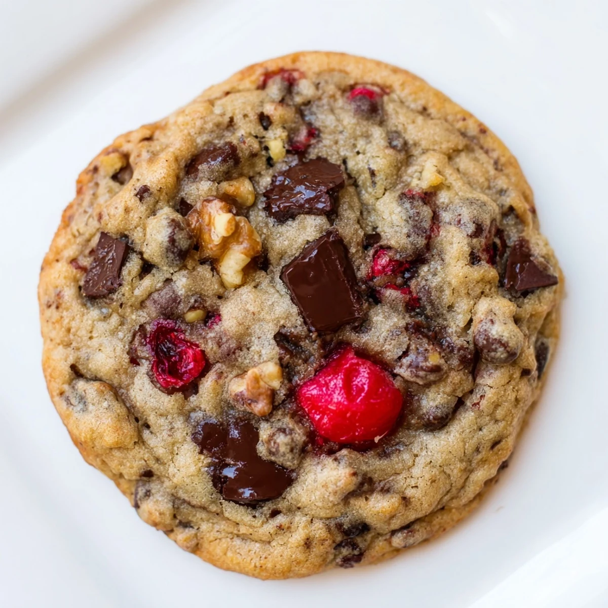 Soft golden-brown maraschino cherry chocolate chip cookies stacked on a white plate, ready for a festive dessert table