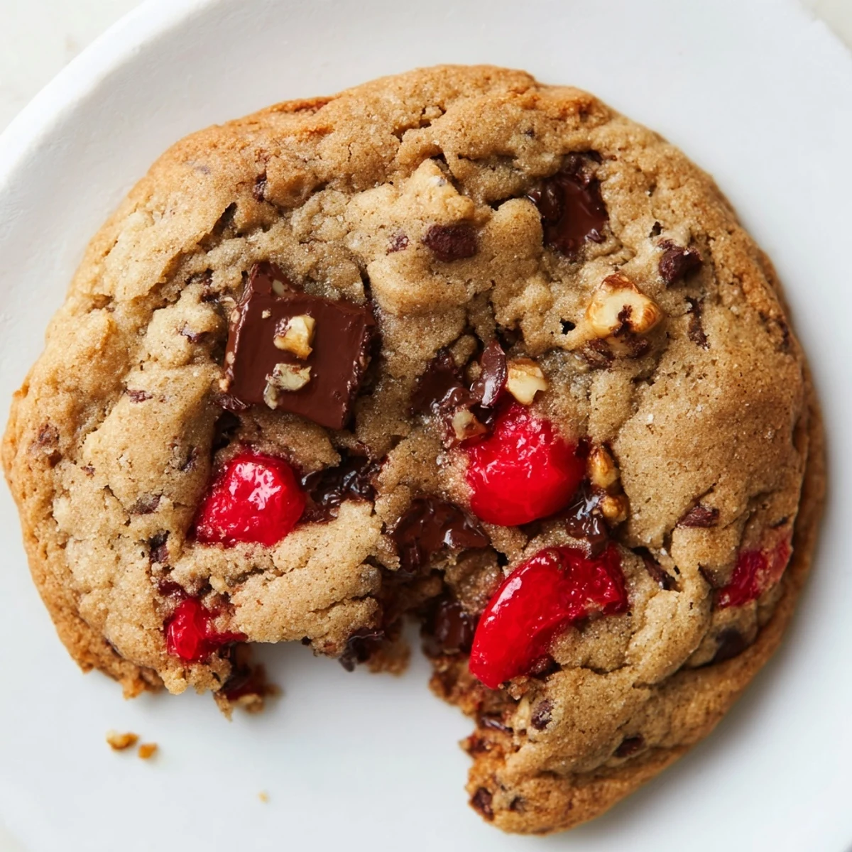 Freshly baked maraschino cherry chocolate chip cookies on a cooling rack, featuring bright red cherry bits and melted chocolate chunks