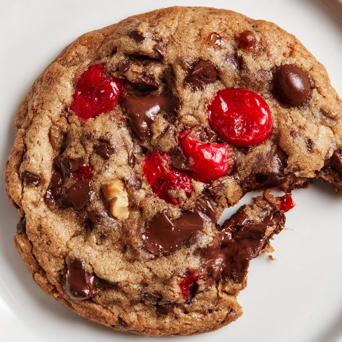 Close-up of chewy maraschino cherry chocolate chip cookies studded with colorful cherries and rich semi-sweet chocolate chips