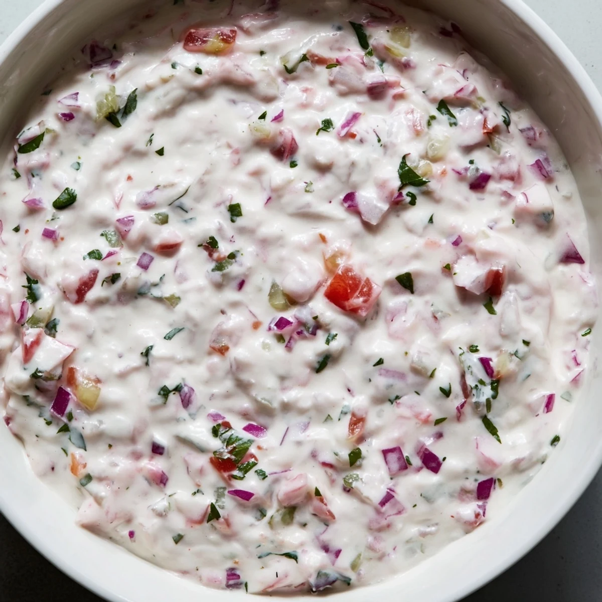 Creamy Grillos Pickle De Gallo Ranch Dip served in a white bowl surrounded by colorful tortilla chips and fresh vegetable crudités