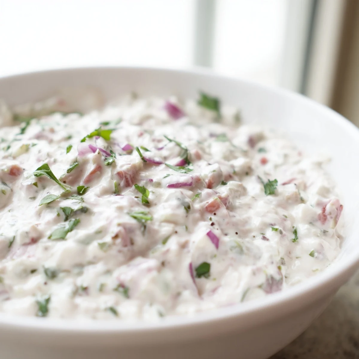 Thick white Grillos Pickle De Gallo Ranch Dip speckled with red tomato, green onions, and cilantro, garnished with a pickle chip