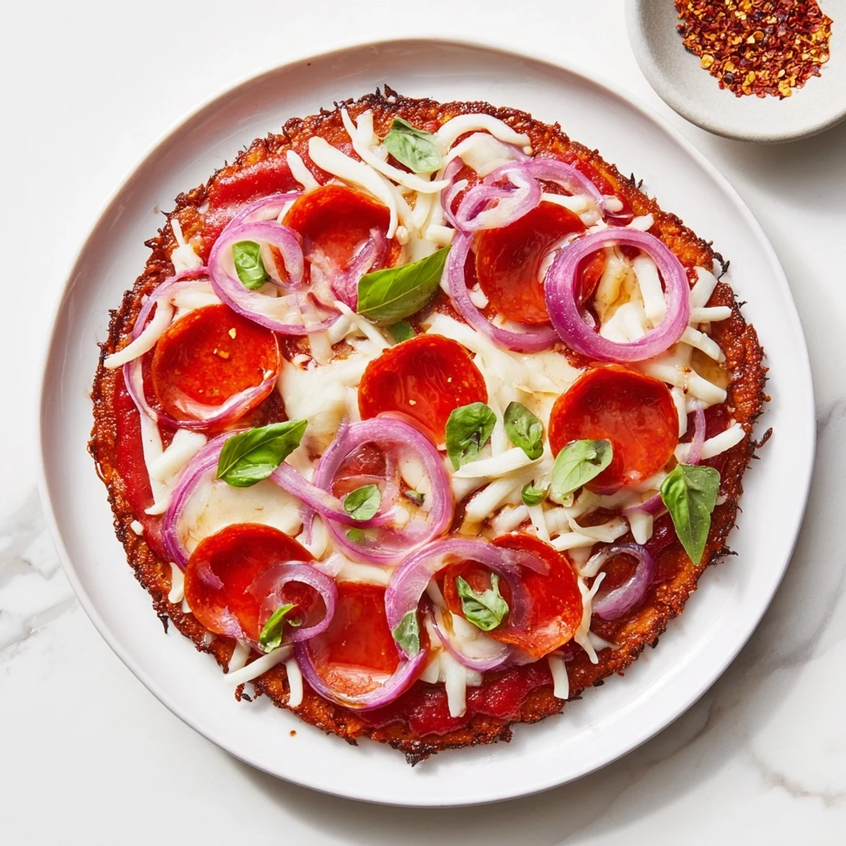 Golden pepperoni hot honey pizza with gluten-free sweet potato crust drizzled with spicy honey