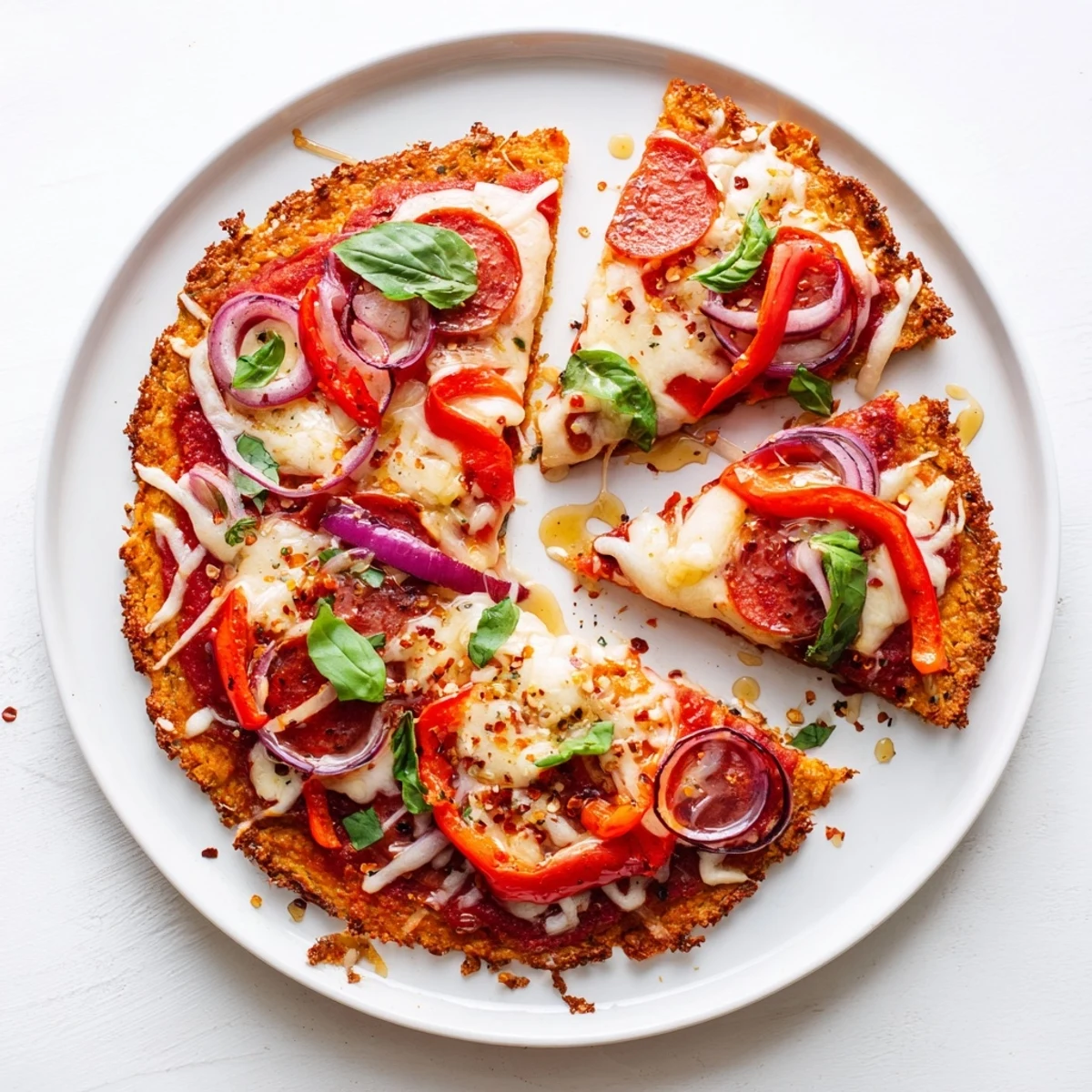 Crispy sweet potato crust pizza topped with melted cheese pepperoni and sweet hot honey glaze