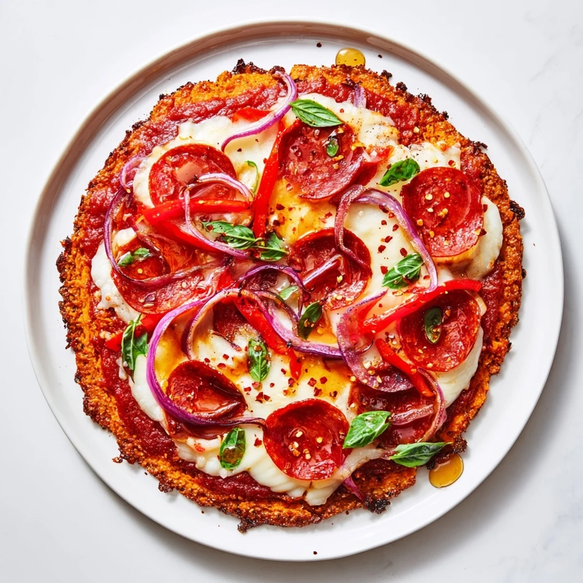 Sliced pepperoni hot honey pizza featuring gooey mozzarella on a nutrient-packed sweet potato crust base