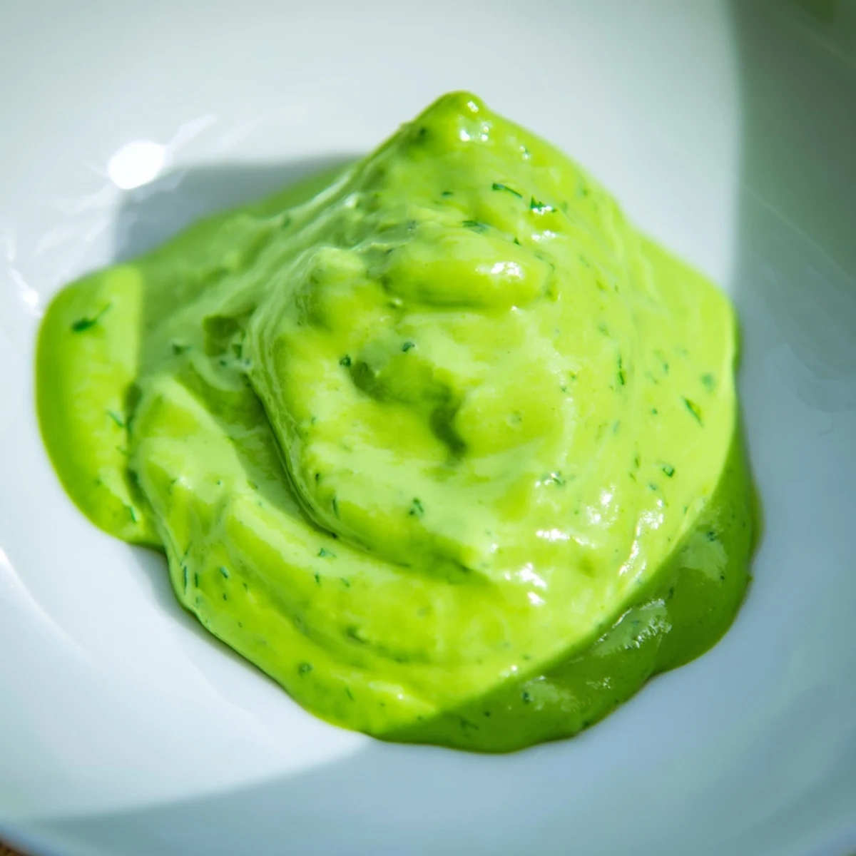Vibrant bowl of spicy Peruvian green sauce aji verde garnished with fresh cilantro leaves