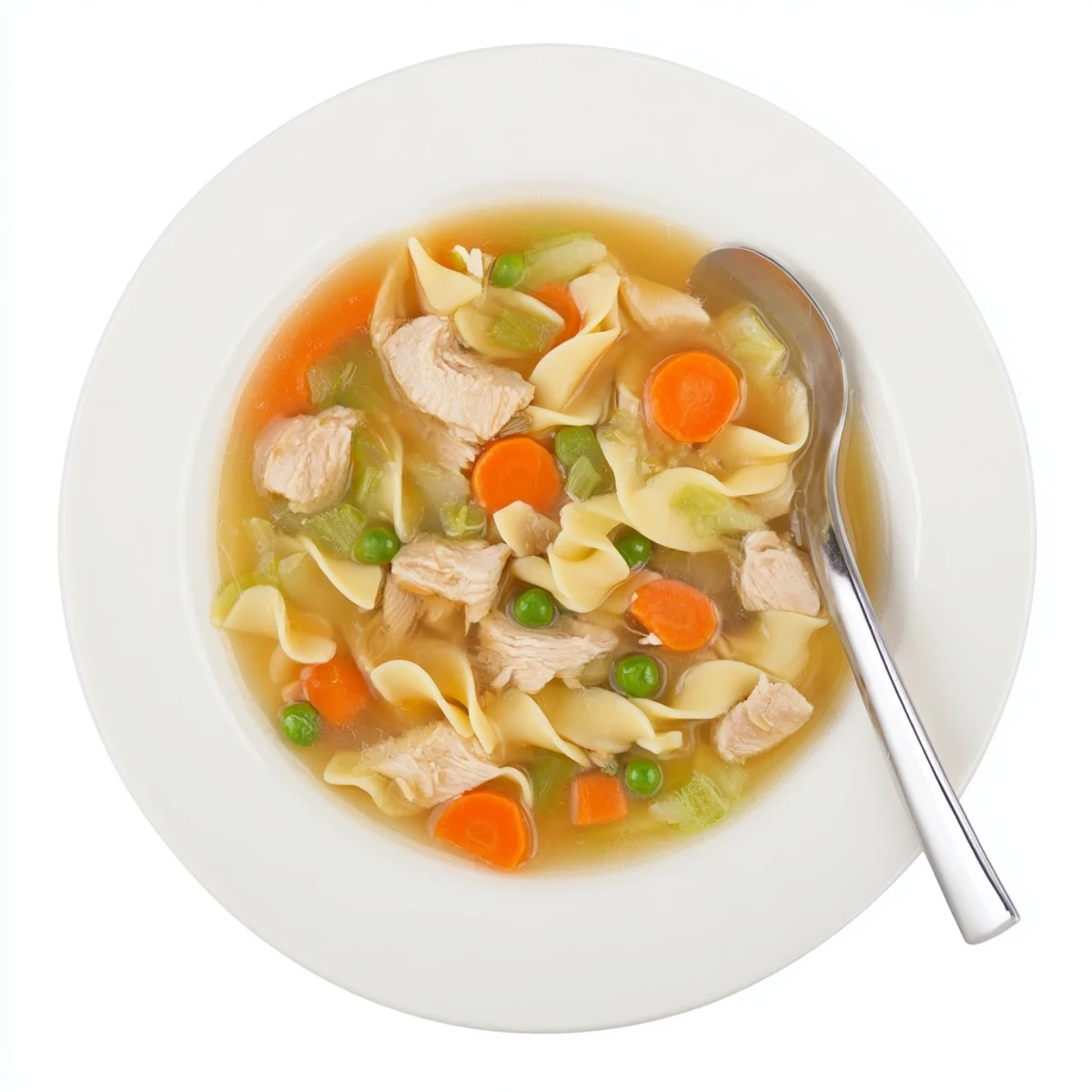 Golden one pot chicken and noodles simmered with tender vegetables in rich broth